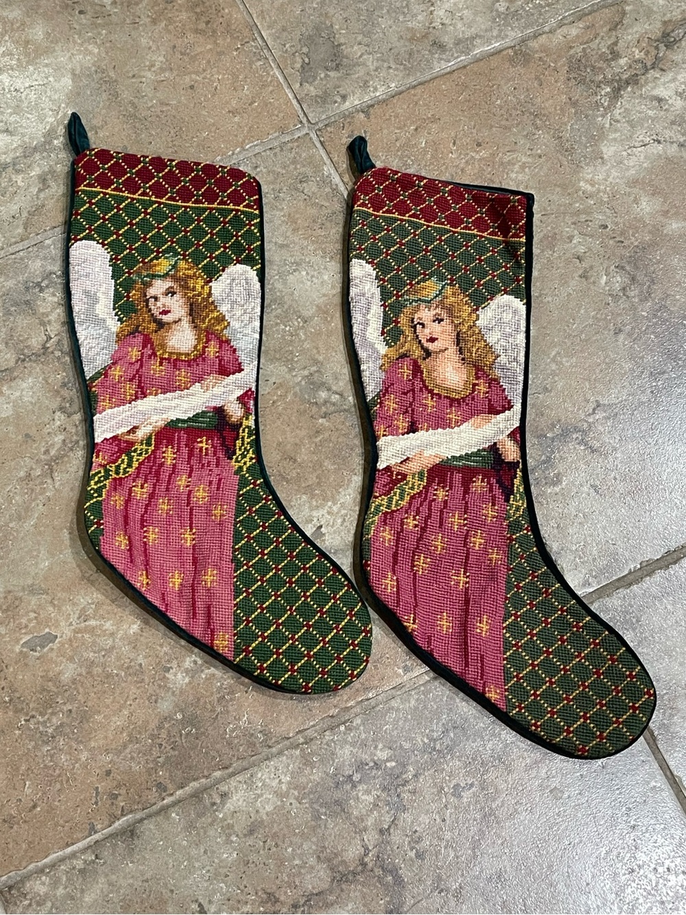 Pair of Needlepoint Angel Christmas Stockings Wool 19”